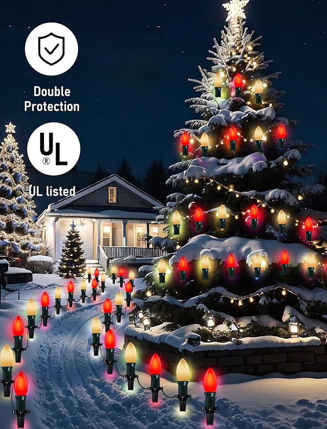25Ft LED C9 Red and White Christmas Lights Outdoor, C9 Vintage Christmas Lights with 26 LED Red and White Bulbs, Hanging Outdoor String Lights for Patio Outside Holidays Party Xmas Roofline Wedding