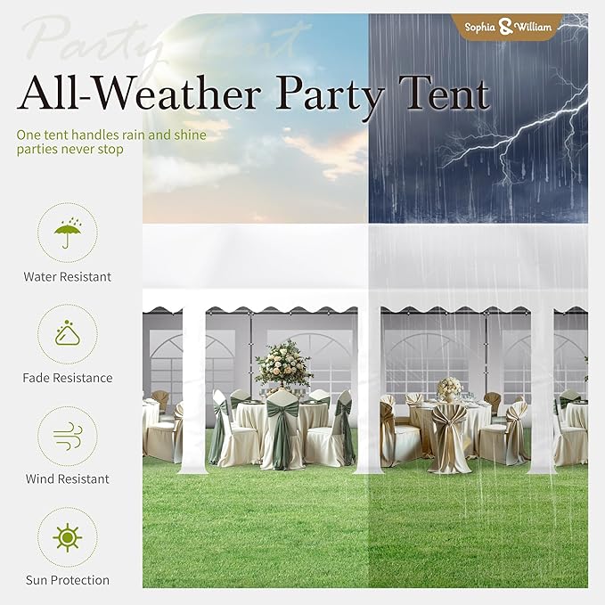 Sophia & William Party Tent 13x26 ft, Heavy Duty, Waterproof, White with Sidewalls for Backyard Parties, Outdoor Activities, Weddings, Camping