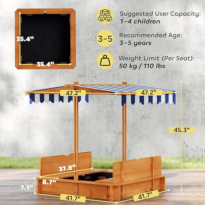 Outsunny Wooden Sandbox with Lid, Kids Sandbox with Canopy Outdoor, Sand Box with Foldable Bench Seats and Sand Protection, Bottom Liner Included, Kids Gift for Aged 3-7, 47X47 in, Red