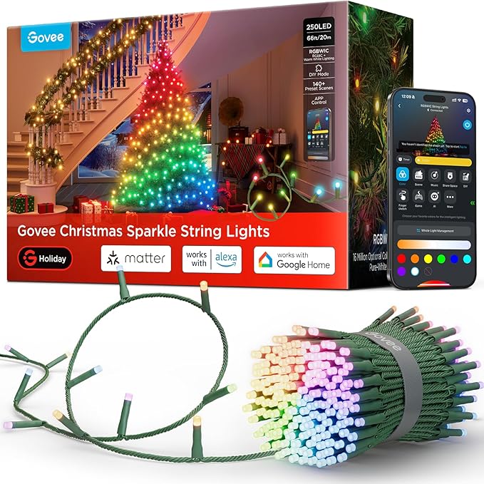 Govee Christmas Sparkle String Lights 66ft, RGBWIC String Lights with 250 Bullet-Head LEDs, App-Controlled, 140+ Scene Modes, Shape Mapping, Music Sync, Works with Alexa, Indoor Holiday Decorations