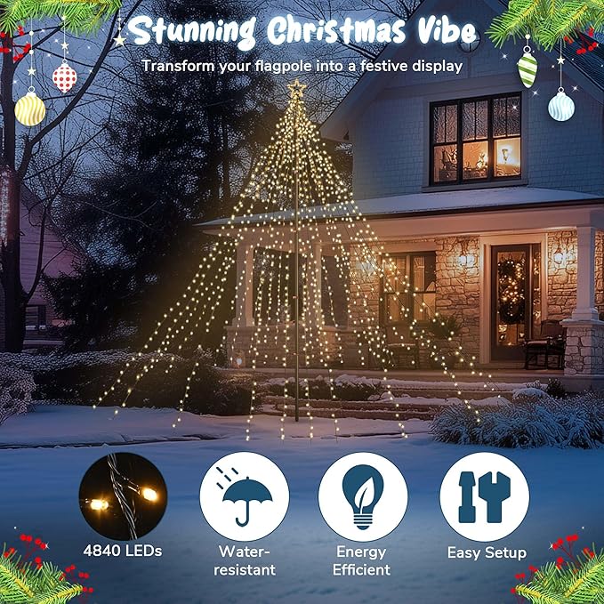 Yescom Giant-Sized 20Ft Flag Pole Christmas Lights Kit with Star Top 4840 LED Warm White for Outdoor Holiday Decorations Show Shopping Mall Commercial Event Yard Lighting