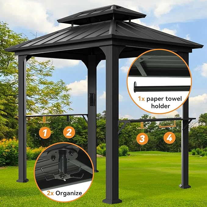 Modern Shade Grill Gazebo 6' X 8', Aluminum BBQ Gazebos with Shelves and Ceiling Hook, Grill Canopy Hardtop with Galvanized Steel Roof, Extra-Wide Column Design, Outdoor Grill Gazebo for Patio, Black