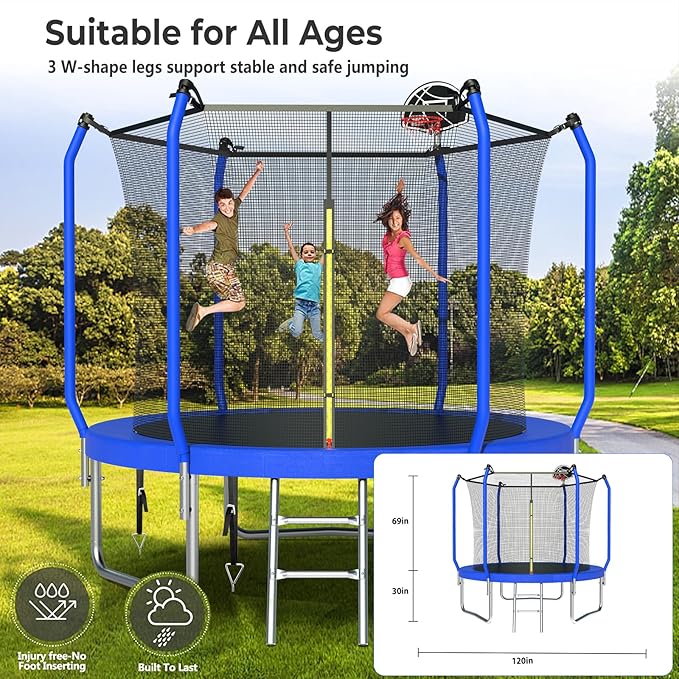 Lyromix Upgraded Trampoline 8FT/10FT/12FT/14FT With Basketball Hoop, Light, Sprinkler, Stakes - Outdoor Backyard for 4-6 Kids and Adults