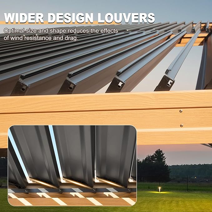 10’ x 13’ Louvered Pergola, Outdoor Pergola Aluminum Frame with Adjustable Rainproof Metal Roof, Permanent Sun Shade with Drainage System for Backyard, Garden and Lawn (Wooden Grain)