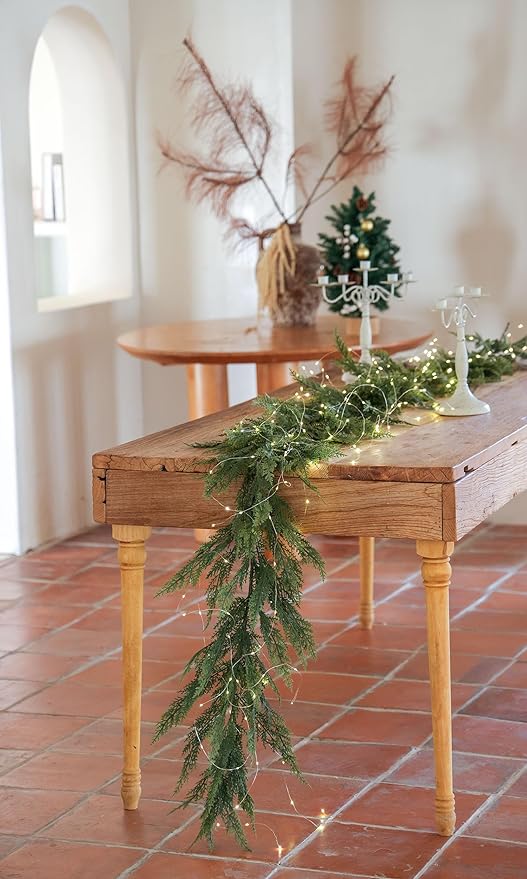 9ft Handmade Christmas Garland with LED String Lights,Cedar Artificial Greenery,Seasonal Garland for Fireplace Winter Holiday Indoor Outdoor Decoration