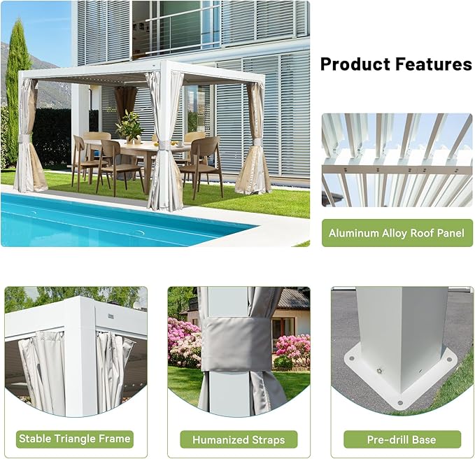 Louvered Pergola 10 x 12 FT, Aluminum Outdoor Pergola with Independent Adjustable Rainproof Top, Built-in Gutter System, Hardtop Patio Metal Pergolas for Deck Garden Backyard -White