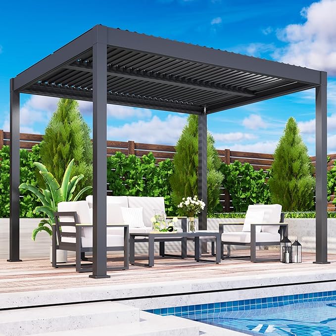 Louvered Pergola, 10' x 12' Outdoor Pergola, Metal Patio Gazebo with Adjustable Louvers Roof and Gutter System, Metal Hardtop Gazebo for Patio, Backyard, Deck, Garden, Dark Gray