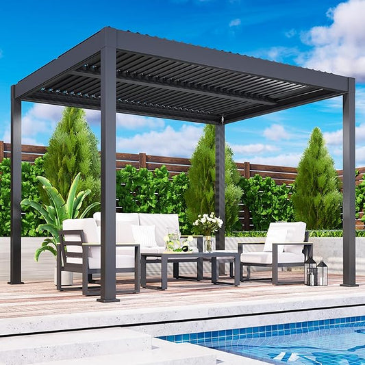 Louvered Pergola, 10' x 12' Outdoor Pergola, Metal Patio Gazebo with Adjustable Louvers Roof and Gutter System, Metal Hardtop Gazebo for Patio, Backyard, Deck, Garden, Dark Gray