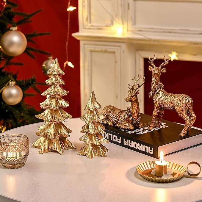Gold Christmas Tree Figurines, Small Resin Christmas Trees Home Decor, Tabletop Tree Set of 2, Decorative Xmas Trees for Christmas Decorations Indoor Mantle Centerpieces