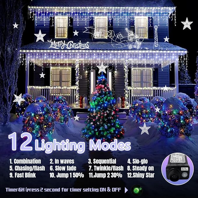 480 LED 49FT Christmas Lights Plug in 8 Modes with Timer Dimmable Ice Lights Outdoor Waterproof Indoor Ice String Lights for Roof Porch Garden Holiday Wedding Xmas Decor (Cool White)