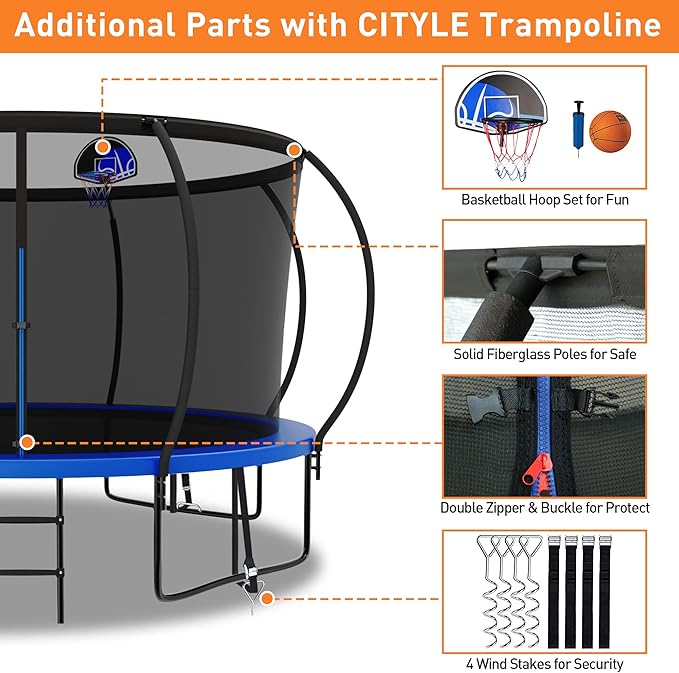 Tranpoline 1500LBS 8 10 12 14 15 16 FT Tranpoline for Kids and Adults Tranpoline with Enclosure Net, Wind Stakes, Basketball Hoop, Heavy Duty Recreational Tranpolines - ASTM Approved