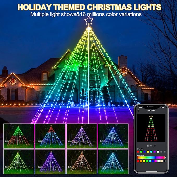 12Ft 478LEDs Outdoor Christmas Tree Waterfall Lights with Pole, Cascading Twinkle Light for Yard, Color Changing RGB, Smart App/Remote Control, Timer, Waterproof, Giant Outside Xmas Decor
