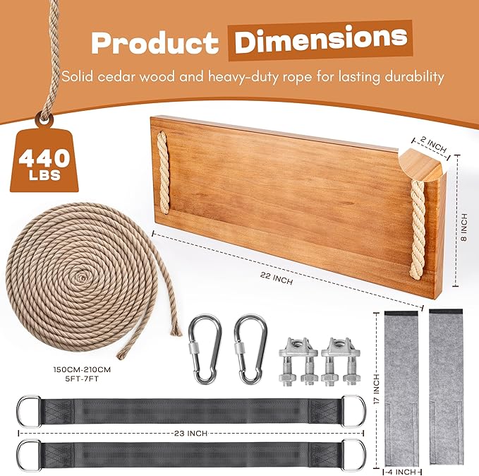 Outdoor Wood Hanging Seat, 22" x 8" x 2" Cedar Wooden Tree Swing for Adults & Kids, 440+ lb Capacity, Adjustable 5-7 ft Rope, Classic Heavy Duty Tree Swing for Backyard & Porch