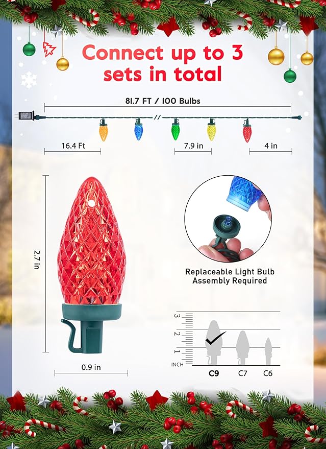 Minetom C9 Christmas Lights Outdoor, 81 Feet 100 LED String Lights with Timer & 8 Light Mode, Waterproof Commercial Grade Christmas Tree Lights for Outside Indoor Roofline Patio, Multicolor 2 Pack