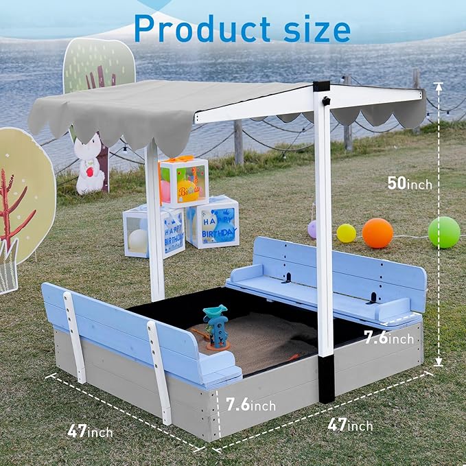 Wooden Kids Sandbox with Lid Sand Box with Cover for Outdoor with Canopy Ages 4-8, Sand Pit with Foldable Bench Adjustable Roof Bottom Liner
