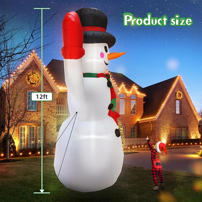 DearSun 12FT H Christmas Inflatable Gentleman Snowman with Build-in LED Lights, Blow up Snowman Inflatable Outdoor Decorations Large Party Yard Decoration