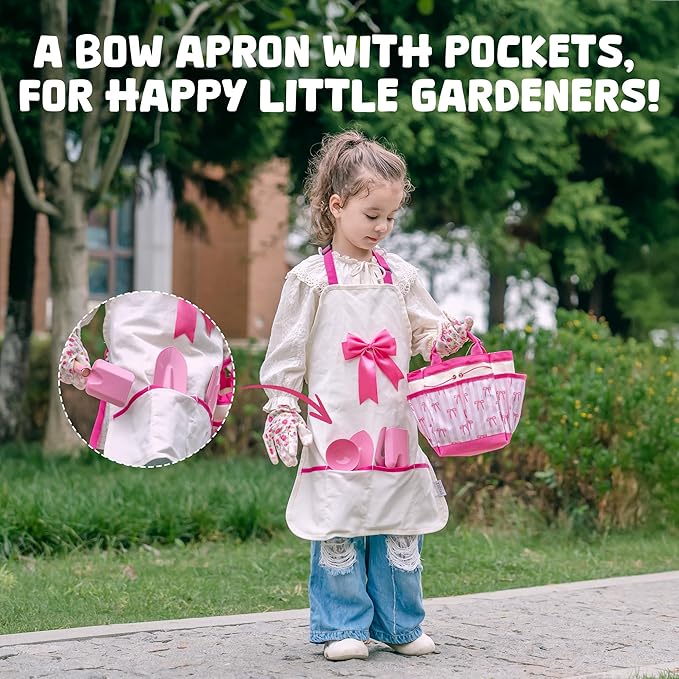 ROBUD Kids Gardening Set 18 PCS Bow Theme Garden Tools for Kids with Storage Bag, Apron, Waterproof Gloves, and Planting Cards – Educational Outdoor STEM Gardening Toy Gift for Girls and Toddlers