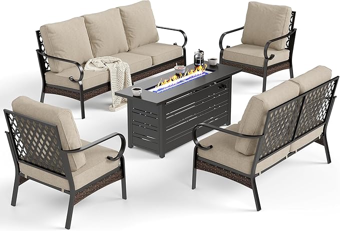 5 Piece Metal Outdoor Patio Furniture Sets with Firepit Table, Patio Conversation Sets 1 3-Seater Sofa, 1 2-Seater Loveseat, 2 Single Sofa with 5.75" Cushion for Backyard Deck, Beige
