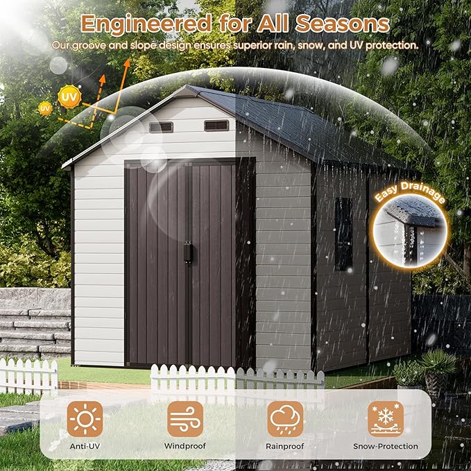 CDCASA 8x8 FT Resin Storage Shed with Floor Included, Large Waterproof Outside Plastic Storage Sheds with Base, 2 Adjustable Openable Windows,for Backyard Patio Lawn, Brown & Light Grey