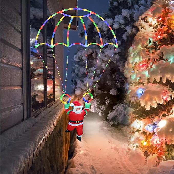 Christmas Decorations Lights Outdoor, 2.8ft LED Christmas Parachute Light with Santa Claus, 8 Modes & Timer Battery Operated Hanging Xmas Lights for Roof Eave Balcony Home Garden Decor (Multicolor)