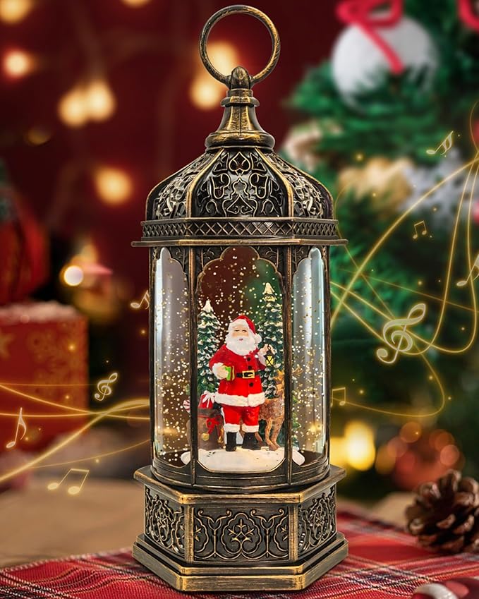 Christmas Satan ＆ Deer Snow Globe Light up Lantern with 8 Songs, 12.99" Christmas Snow Globes for Kids Adults, 6H Timer & Dual Power, Snowglobes Christmas Decorations Indoor, Gifts for Women Men