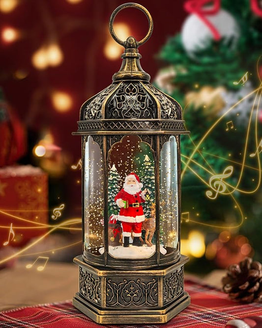 Christmas Satan ＆ Deer Snow Globe Light up Lantern with 8 Songs, 12.99" Christmas Snow Globes for Kids Adults, 6H Timer & Dual Power, Snowglobes Christmas Decorations Indoor, Gifts for Women Men