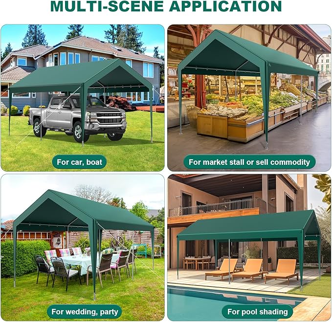 10x20FT Heavy Duty Portable Carport - All-Weather Enclosed Shelter for Cars, Trucks, SUVs & Boats, Waterproof & UV-Resistant Canopy with Removable Sidewalls, Doors, Ground Stakes (Green)