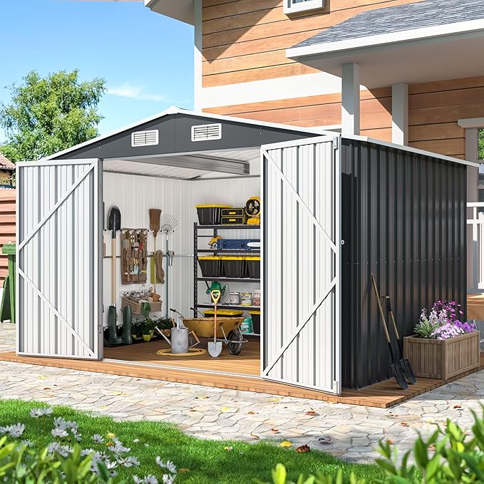 10x8 FT Outdoor Storage Shed, Metal Garden Tool Shed with Updated Frame Structure and Lockable Doors, Ideal for Backyard Garden Patio Lawn, Grey