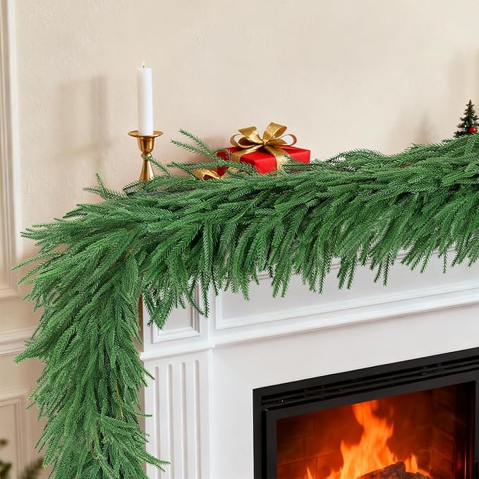 12 FT (2 * 6FT) Norfolk Pine Garland Artificial, Realistic Christmas Greenery for Mantle Table Wall, Real Touch Winter Pine Garland for Christmas Indoor Outdoor Decor (80 Branches)