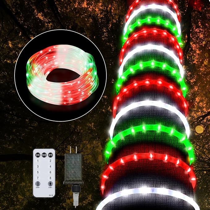 Christmas Rope Lights Outdoor, 100Ft 1200 LED Red White Green String Light, Waterproof Tube Light Plug in 8 Modes Timer Memory, Permanent Christmas Lights for Tree Fence Garden Party Decor