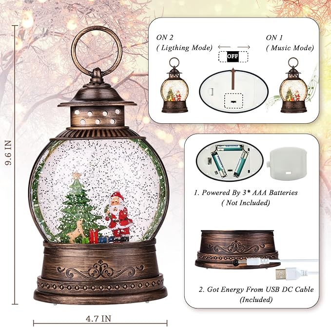 Christmas Snow Globe Lantern, Christmas Decorations Musical Snow Globe, USB & Battery Powered Singing Water Lantern, Rotating Flashing Lanterns, Christmas Home Decoration and Xmas Gifts
