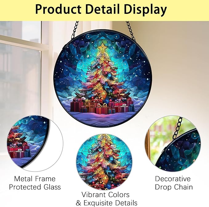 TNUW Christmas Tree Stained Glass Window Hanging, Rustic Winter Holiday Xmas Tree Sun Catchers Indoor Window Glass Round Wall Art Decor, Christmas Wall Hanging Decorations, 7.9＂x7.9＂