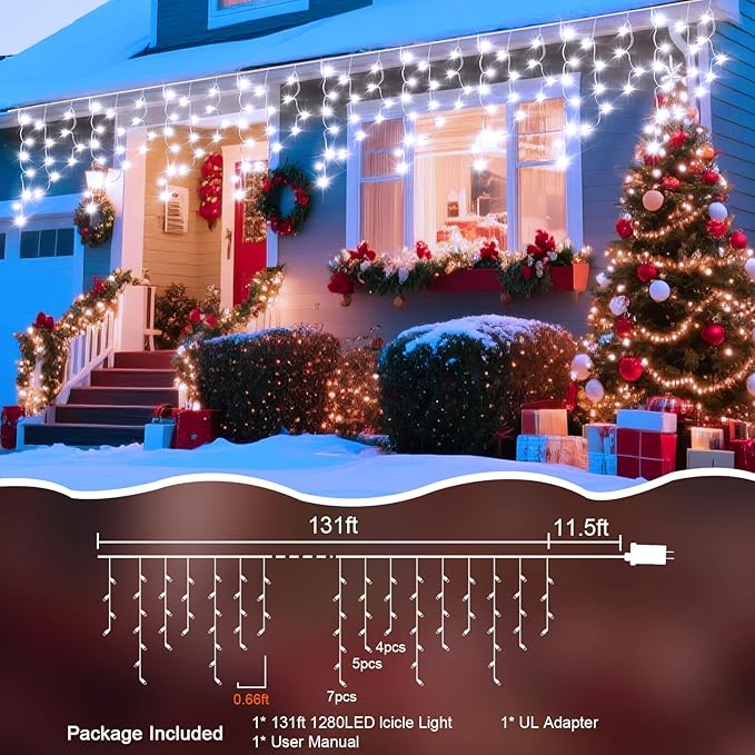 131 Ft String Lights for Outside, 1280 LED Christmas Lights Outdoor Plug in, Christmas String Lights with 8 Modes & Timer for Holiday, Party, Wedding, House, Patio, Outdoor Decor(Cool White)