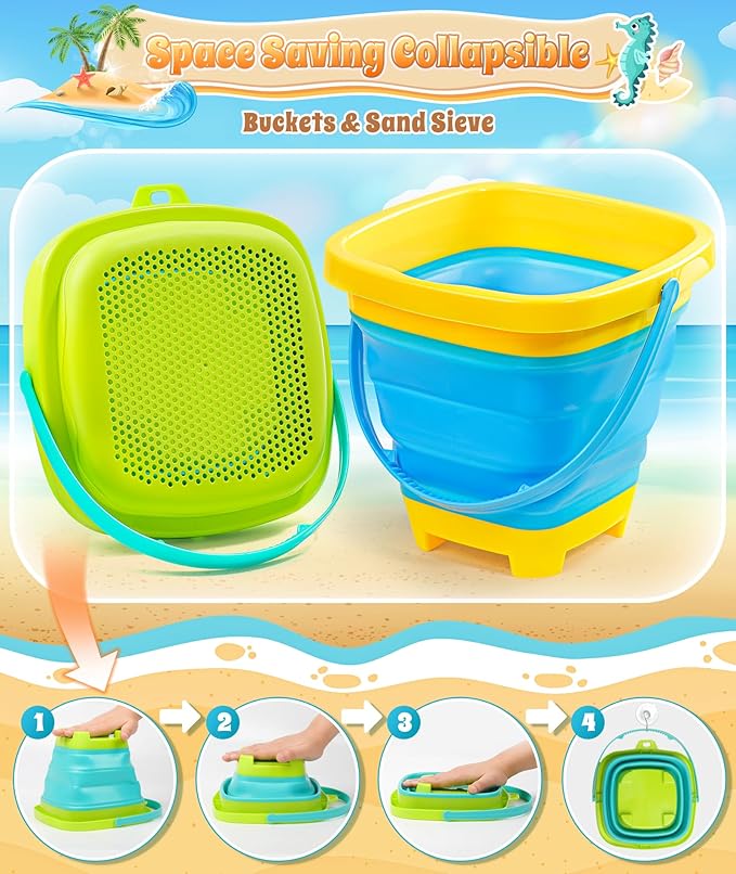Collapsible Beach Sand Toys for Kids Toddlers, Collapsible Sand Bucket with Sifter Shovels Set with Mesh Bag and Sand Molds, Travel Beach Sandbox Toys for Boys Girls 3 4 5 6 7 8 9 10