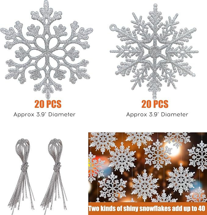 RECUTMS 40 Piece Glitter Snowflake Plastic Ornaments - Silver & White, 4 Inch Snowflake Hanging Decorations for Christmas Tree