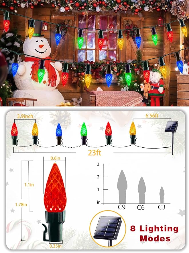 C6 Solar Christmas Lights Outdoor, 50 LED 16FT Christmas Decorations Outdoor Waterproof, Solar String Lights for Outside with 8 Modes, Fairy Twinkle Light for Tree Party Garden Xmas Decor (Multicolor)