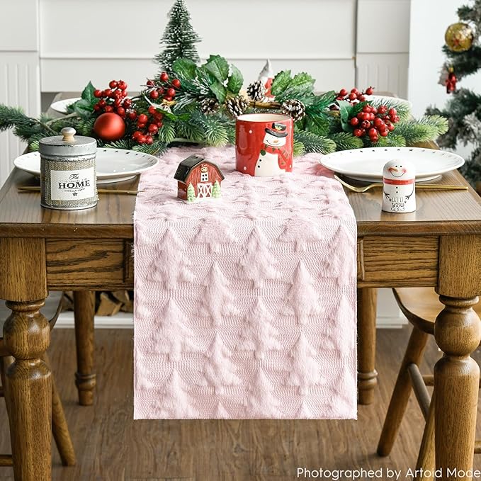 Artoid Mode Christmas Trees Pink Soft Plush Faux Fur Jacquard Christmas Table Runner, Holiday Kitchen Dining Table Decoration for Home Party Decor 13x36 Inch