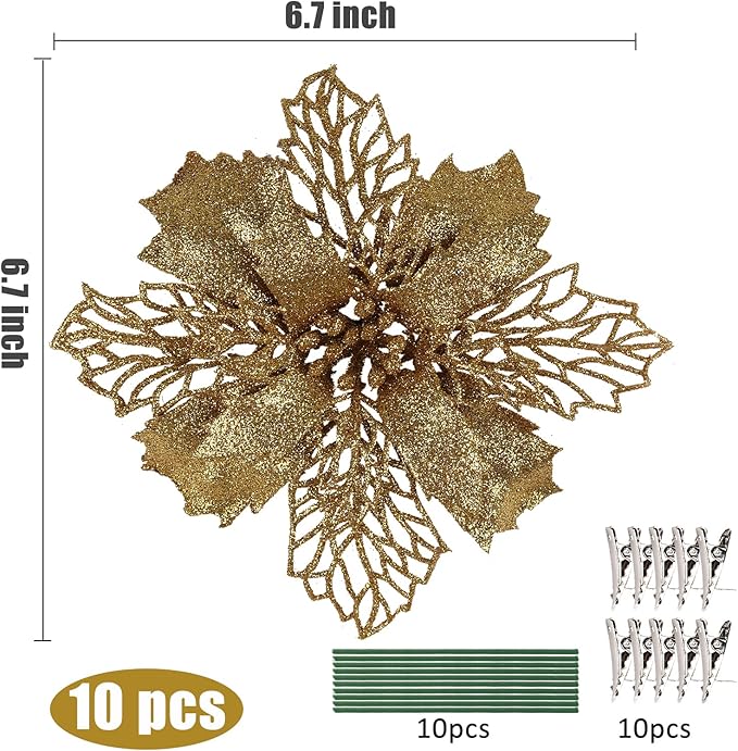 RECUTMS 10 Pcs Christmas Glitter Poinsettia Flowers Picks Christmas Tree Ornaments 6" Wide for Xmas Tree Wreaths Garland Holiday Seasonal Wedding Decoration (Gold)