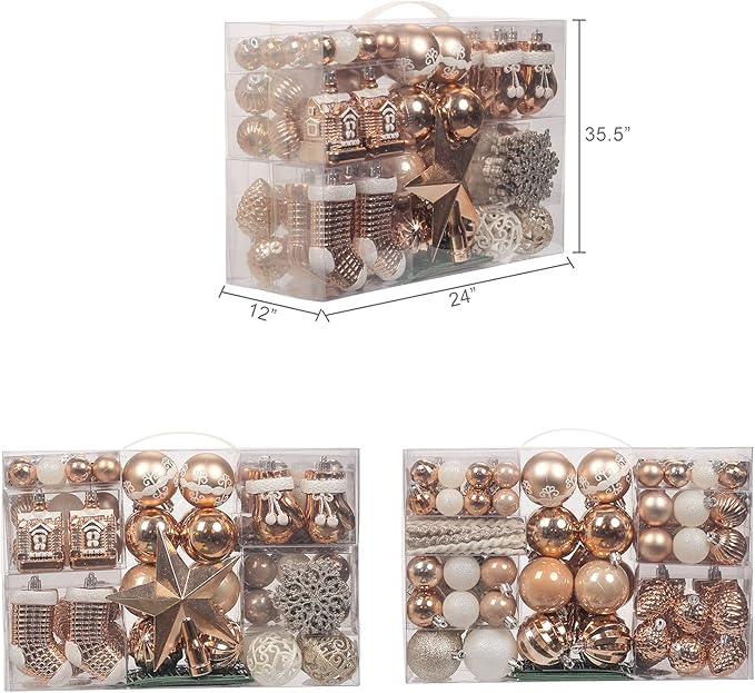 ROSELEAF 132-pc White with Blue Accents Traditional Christmas Tree Ornament Set - Shatterproof Plastic Hanging Ornaments for Christmas, Anniversary, Wedding