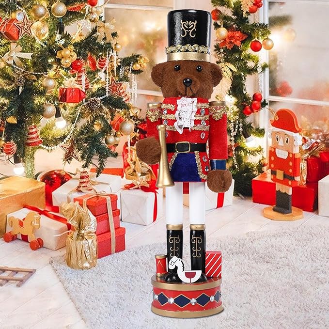 Christmas Nutcracker Decorations Nutcracker Figure 15 Inch Wooden Nutcrackers Teddy Bear Nutcracker Soldier for Table Desktop Home Christmas Decor Xmas Indoor Decor Bear