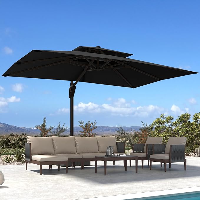 10' X 13' Patio Umbrella Outdoor Large Rectangle Offset Cantilever Umbrellas Double Top Heavy Duty Windproof with 360-degree Rotation for Pool Garden Deck, Black