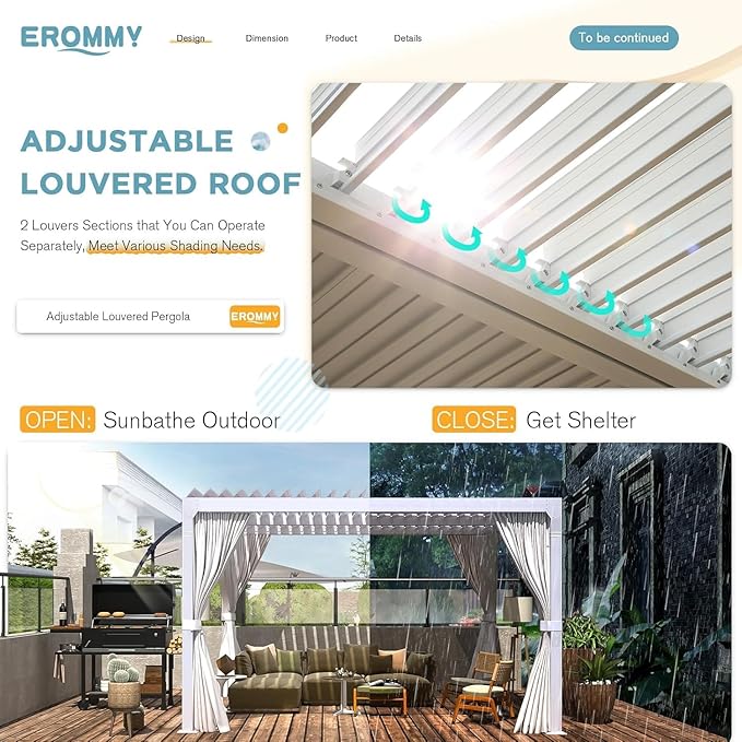 EROMMY Louvered Pergola 10' x 10' Outdoor Hard Top Pergola with Aluminum Frame and Adjustable Metal Rainproof Roof for Garden & Patio, Curtains and Netting Included, White