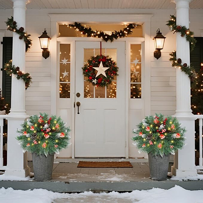 DR.DUDU 15 Inch Outdoor Christmas Decorations Urn Filler for Front Porch- 2 Pack Lighted Christmas Pot Fillers with Stake, Xmas Pine Trees with Timer for Outside Home Décor