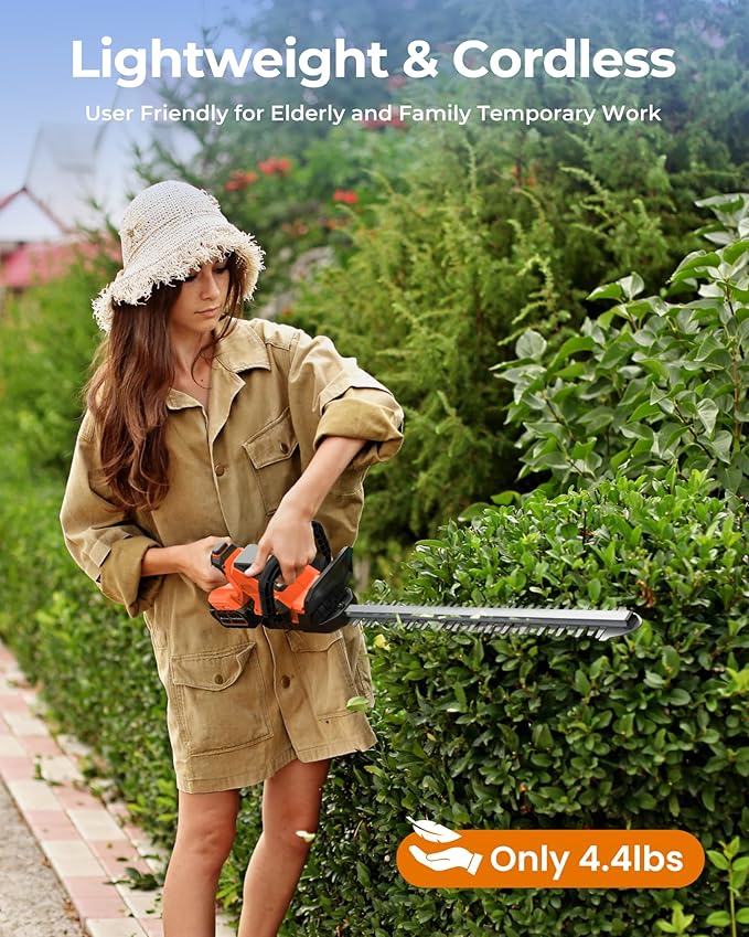 20'' Hedge Trimmer Cordless with 2pcs 4000mAh Battery, Electric Handheld Bush Clipper with Rechargeable Batteries, 3000RPM 180¡Æ Rotatable Head, 2/3'' Blade Gap Orange
