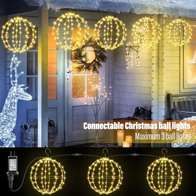 Joomer 2 Pack Christmas Ball Lights, 13IN & 11IN Foldable Metal Sphere Light, Connectable Waterproof 8 Modes with Timer, Hanging Tree Globe Lights for Holiday Christmas Decorations (Warm White)