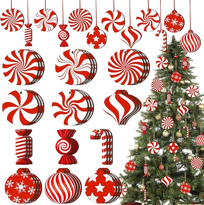 36 Pieces Candy Cane Christmas Ornaments Wood Hanging Decor Xmas Tree Cutouts Peppermint for Home Party Decoration Supplies (Candy Style)