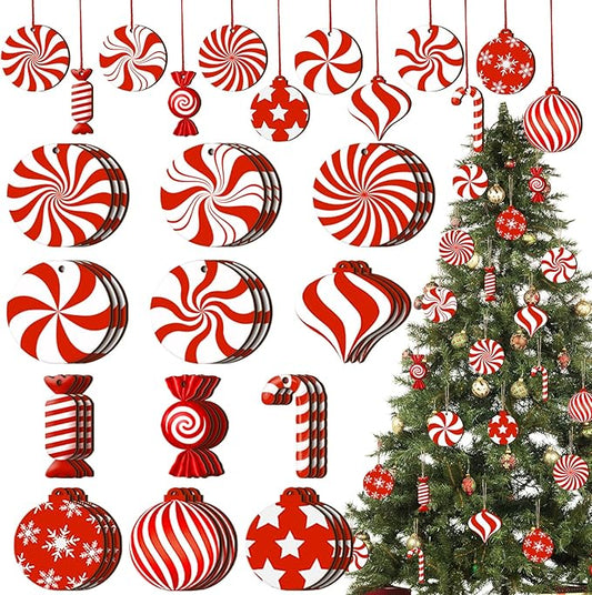 36 Pieces Candy Cane Christmas Ornaments Wood Hanging Decor Xmas Tree Cutouts Peppermint for Home Party Decoration Supplies (Candy Style)