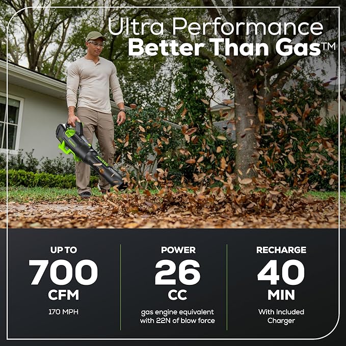 Greenworks 80V (700 CFM / 170 MPH) Brushless Cordless Leaf Blower, Commercial-Grade Power, 40-Min Rapid Charger for Wet Leaves, Heavy Debris, Gravel and Driveway Snow, Includes 2.5Ah Battery & Charger