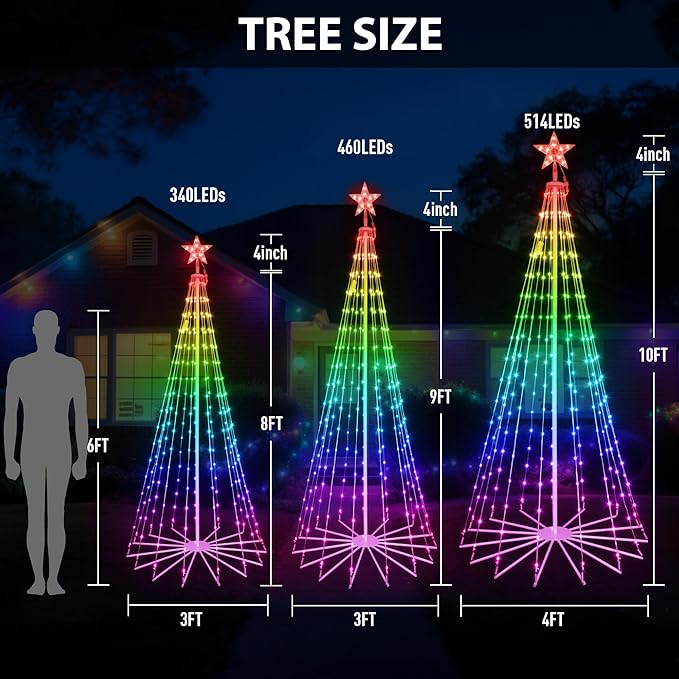 8 FT 340 LEDs Smart Outdoor Christmas Tree with App Control, IP65 Waterproof, 85+ Modes, Easy Setup Metal Frame Cone Tree for Yard, Christmas Party, Holiday Decorations