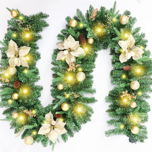 joyhalo Joyhalo 9ft Christmas Garland Decorations with Lights Battery Operated - Outdoor Prelit Christmas Garland for Mantle, Lighted Christmas Garland Indoor for Stairs Railing Fireplace, Gold